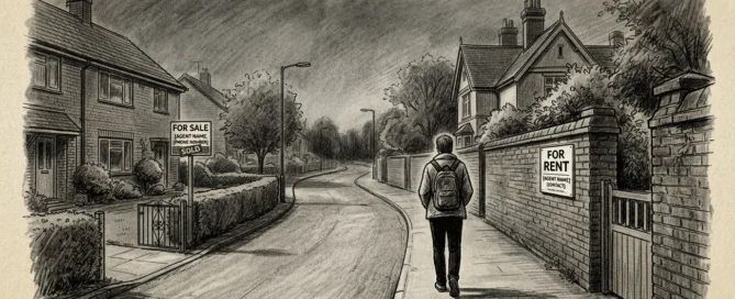 A man walking down the street, there are signs on the house that are for sale and for rent.