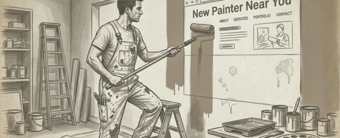 Sketch of a painter on a ladder rolling paint over a browser window titled New Painter Near You