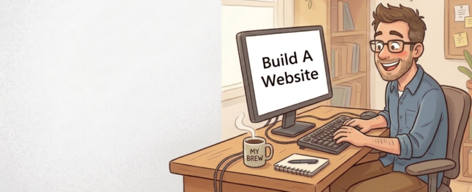 A man staring at a screen with the words "Build A Website"