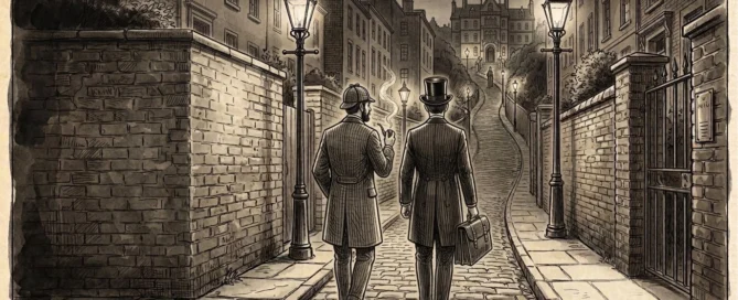 Sepia sketch of a detective and a man in a top hat walking down a lamp-lit street
