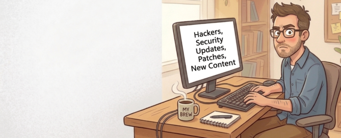 A man staring at a screen with the words "Hackers" and "Security Updates" on it.