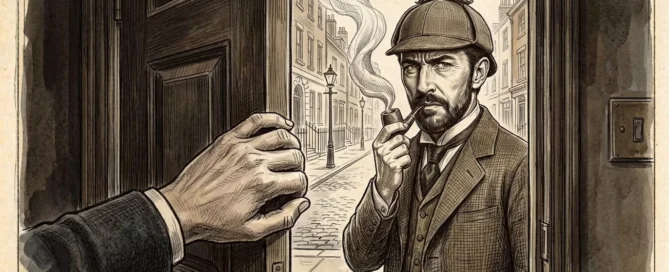 Sepia sketch of a detective with a pipe watching a hand open a door