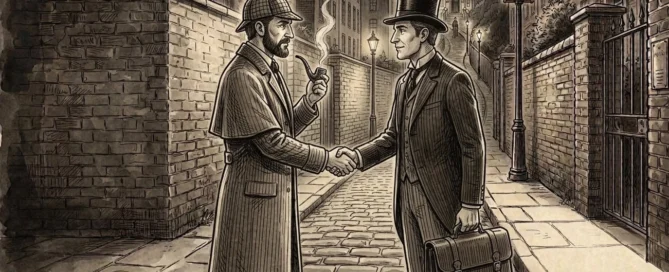 Sepia sketch of a detective shaking hands with a man in a top hat on a lamp-lit street