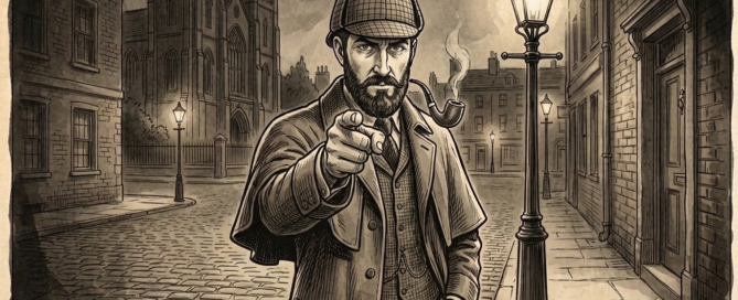Sepia sketch of a detective in a deerstalker hat pointing at the viewer on a lamp-lit street