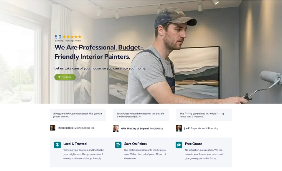 Example website homepage with a painter rolling a wall and a headline for budget-friendly interior painters