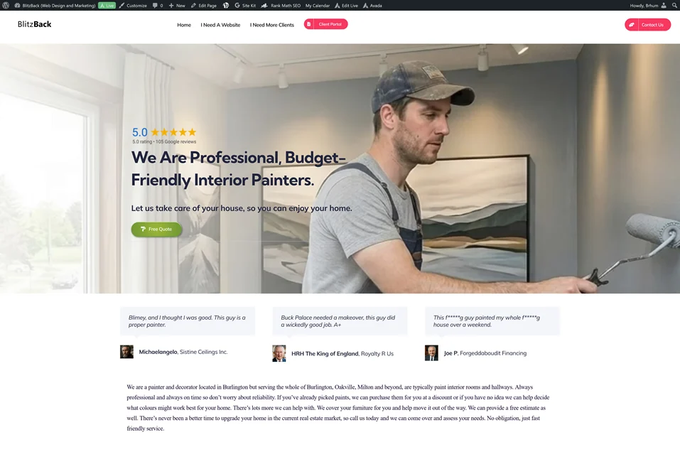Example painter website homepage crowded with too much text below the headline